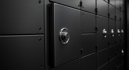 Close-up of black metallic secure storage lockers with dials and bolted panels