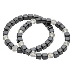 Two stacked bracelets with dark square beads and clear crystal beads isolated on transparent background