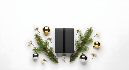 A black gift box surrounded by festive ornaments and evergreen branches on a white surface.