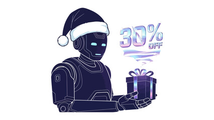 Robot Holiday Special: A futuristic robot adorned with a santa hat offers a glistening gift, accompanied by a holographic display advertising a tempting 30% discount.