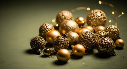 Golden Christmas ornaments arranged on a textured green surface, illuminated by soft lights.