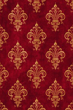 Elegant gold fleur de lis pattern on rich textured red background, evoking luxury and regal sophistication for premium designs.