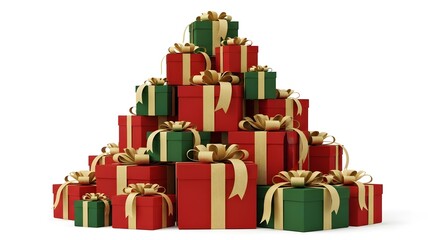 A festive arrangement of wrapped presents stacked in a pyramid shape.