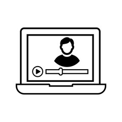 Online Video Conference Icon with Person on Laptop Screen. Remote Communication, Webinar, Streaming, and Virtual Meeting Editable Stroke Vector Illustration.