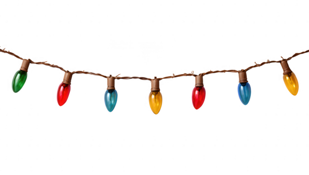 Colorful Christmas string rope lights bulbs decoration isolated on transparent background