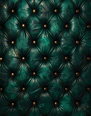 Obraz premium Close-up of luxurious, emerald green, quilted leather upholstery with golden button accents