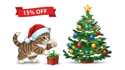 Festive Feline Christmas: An adorable kitten adorned in a Santa hat, interacting playfully with a decorated Christmas tree and a wrapped gift, embodies the joyful spirit of the holidays. 