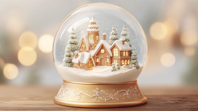 Charming Winter Village Snow Globe with Festive Christmas Lights Background for Holiday Season Decor