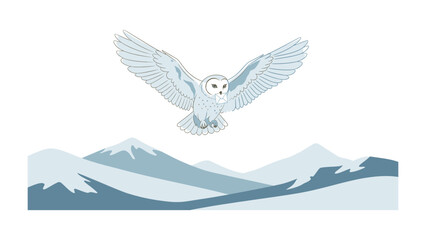 Naklejka premium Majestic Flight: An illustration of a snowy owl soaring gracefully above snow-covered mountains, its wings spread wide, embodying freedom and resilience.