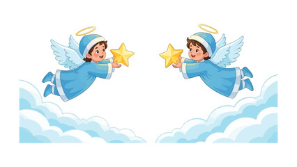 Celestial Guardians: Two angelic figures, cloaked in soft blue and adorned with golden halos and feathered wings, gently hold celestial stars, floating among fluffy clouds.