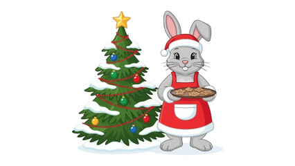 Holiday Rabbit's Delight: A festive illustration showcasing a charming rabbit, adorned in a santa hat and apron, presenting a tray of baked goods besides a snow-covered Christmas tree.