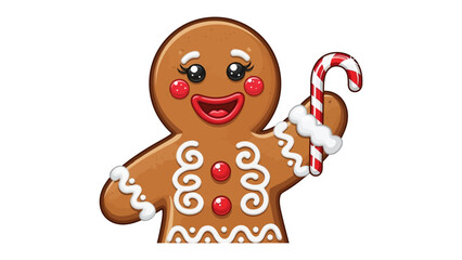 Obraz premium Gingerbread Man's Holiday Delight: A charming gingerbread man, adorned with sweet icing and a cheerful smile, holds a festive candy cane in a heartwarming scene