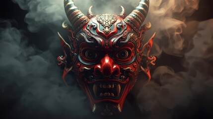 Intense red demon mask with ornate gold details emerges from smoky darkness, evoking power and mystery.