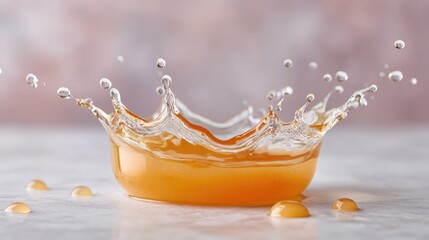 Golden orange juice liquid crown splash frozen in mid-air with droplets and macro detail on a light textured background