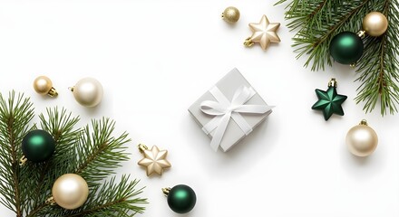 Christmas flat lay featuring a gift box, ornaments, and pine branches on a white background.