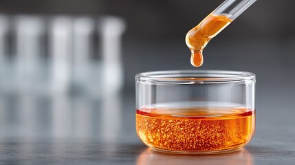 Laboratory close-up of a pipette dropping orange liquid into a clear glass beaker filled with small bubbles and amber fluid with blurred test tubes in the background under studio lighting