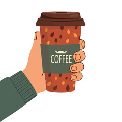 Autumn Cozy Coffee Cups in Hands – Flat Vector Illustration of Hot Drinks and Fall Leaves