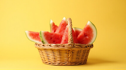 A woven basket overflowing with bright red, juicy watermelon slices, presented against a vibrant yellow background, evoking summer refreshment.