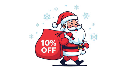 Santa's Special: Cheerful Santa Claus strolls forward, a jovial figure laden with a sack of treats, offering a tempting 10% discount, bringing the spirit of Christmas.
