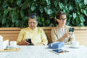Asian senior woman and Caucasian woman sit quietly at a cafe table, concentrating on their smartphones while enjoying a relaxed retirement moment with tea and pastries., Concept small business