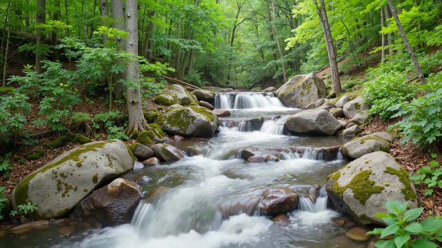 A turbulent forest stream flows between mossy boulders and green trees. The water creates small waterfalls, giving the scene a sense of freshness, wilderness, and tranquility.