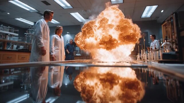 Explosion in Laboratory: The captivating image features a fiery explosion erupting within a laboratory setting, creating a dramatic visual narrative with scientists observing the event.