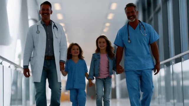 Guiding Light: Two medical professionals escort two young girls with tender smiles in a brightly lit hallway, creating an atmosphere of safety and hope.
