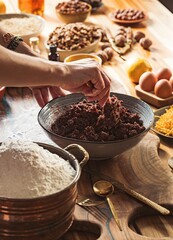 Hands skillfully mix rich dough for cozonac, a festive sweet bread. Ingredients like flour, walnuts, and rahat Turkish delight tell of a deep culinary tradition enjoyed during holidays