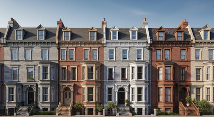 Naklejka premium A straight-on view of a row of colorful, multi-story brick and stone terrace houses (townhouses) in a European city. Ideal for real estate, urban living, and architectural design.