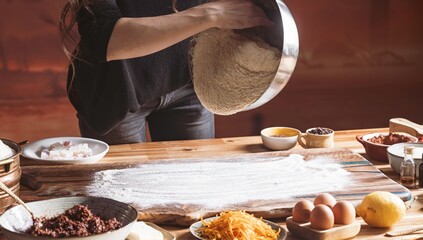Hands skillfully pour flour onto a wooden surface, surrounded by ingredients for cozonac