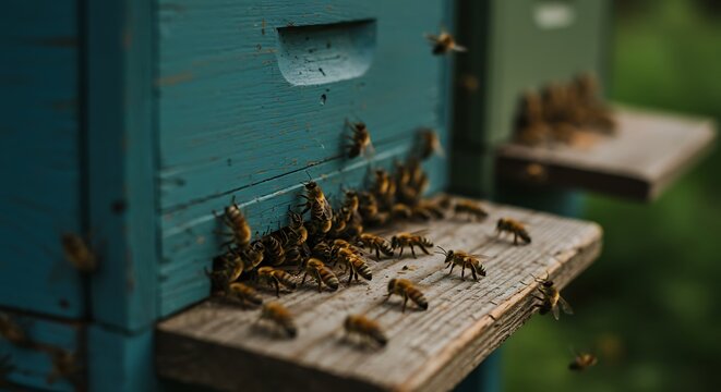 Close-up of busy bees swarming around blue and green wooden beehives in a garden