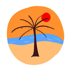 Abstract hand-drawn beach sunset time with palm tree and ocean, orange sky.