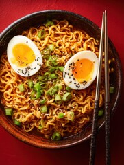 Delicious ramen bowl with soft boiled egg scallions and sesame seeds served on a red background perfect for lunch or dinner