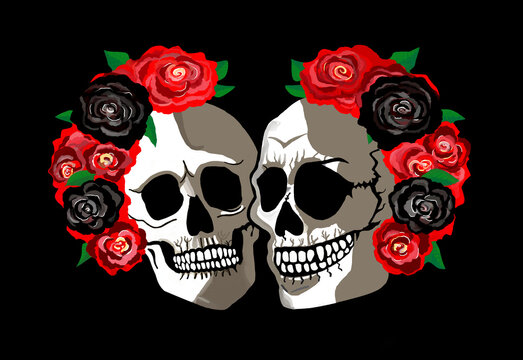 Two skulls with red and black roses on black background
