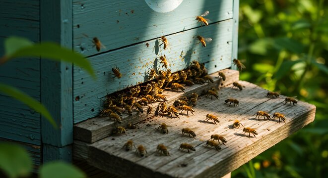Close-up of busy honeybees buzzing around a wooden beehive on a sunny day