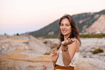 Hippie woman embracing nature tranquility