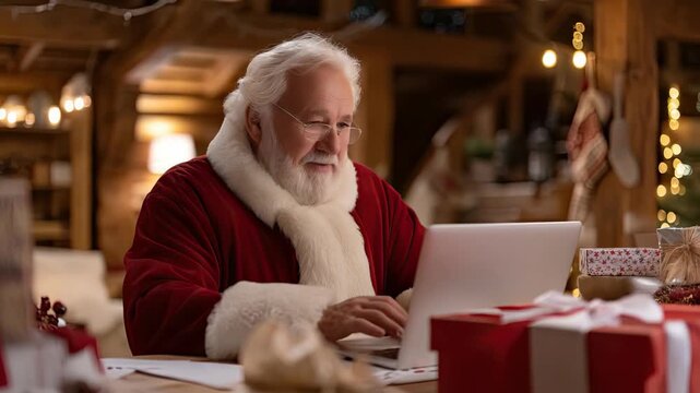 Santa checks his messages and organizes his tasks in a cheerful workshop decorated for the holiday season