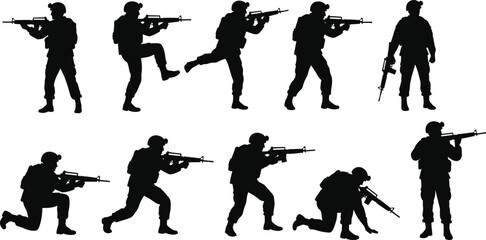 Armed soldier silhouettes, tactical stances, military combat poses, black illustration, rifle ready, training maneuvers, defense action, white background, warfare concept