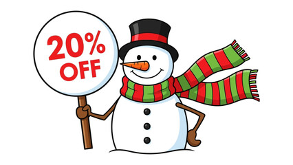 Festive Savings: A charming snowman cheerfully presents a sign with a seasonal discount, embodying the spirit of winter sales and joyful savings.