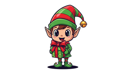 Whimsical Elf Illustration: A charming cartoon elf, brimming with holiday cheer, stands ready with a present, its festive attire and playful expression bringing smiles and merriment.