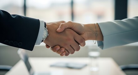 Close up of a business handshake between a man in a suit and a woman in a light blue jacket