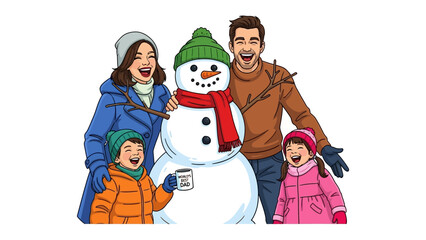Family Snowman Celebration: A happy family poses beside a whimsical snowman, filled with laughter and warmth, creating a perfect winter scene.