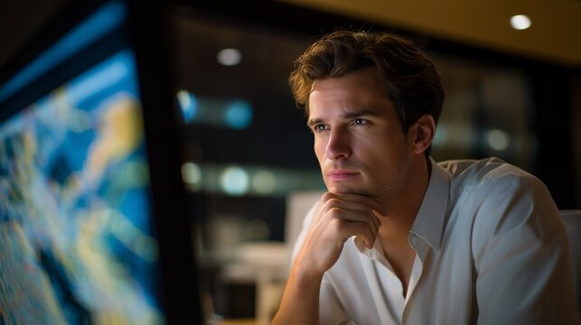 Business analyst preparing interactive dashboards for board presentations, showing focus and creativity, symbolizing corporate reporting, data visualization, strategic insights, and advanced