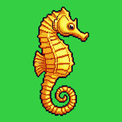 Fototapeta premium A detailed pixel art illustration of a golden seahorse with a curled tail against a vibrant green screen background.