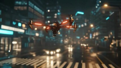 Futuristic drone glides over a rain slicked city street at night with neon reflections and deep - Powered by Adobe
