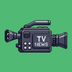 A pixel art illustration of a professional TV news video camera on a solid green background.