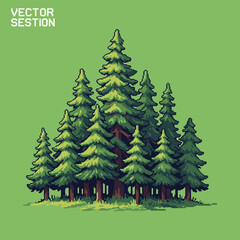 Vector illustration of a lush green pine tree forest in a retro pixel art style.