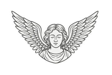 Obraz premium Angel bust with closed eyes and spread wings, a religious celestial spirit. Line art illustration with transparent background