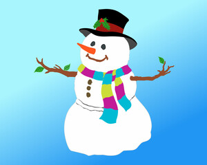 Smiling snowman with colorful scarf and black hat decorated with holly on a blue gradient background, representing Christmas and winter holiday joy
