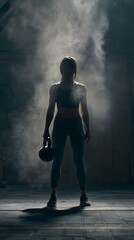 Obraz premium Fit woman holding kettlebell in dimly lit gym with chalk powder. Intense atmosphere symbolizing endurance, strength training and motivation in powerlifting